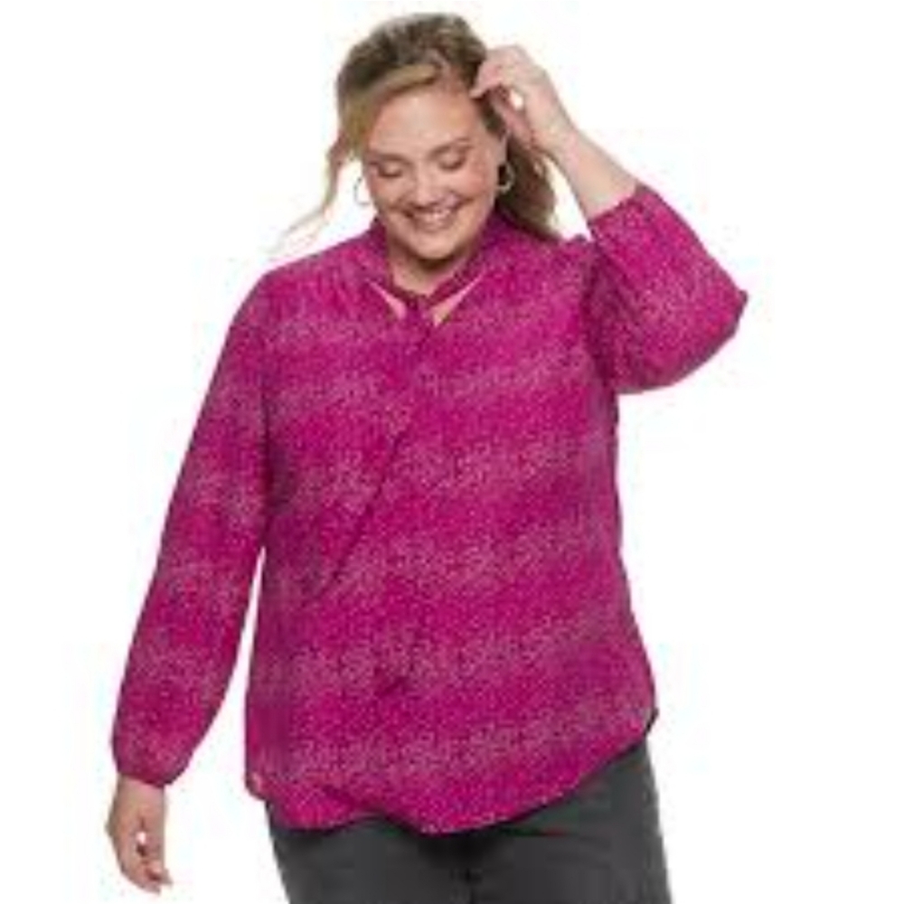 EVRI Plus Size 1X Purple/Pink Confetti Sash Neck Tie Blouse NWOT